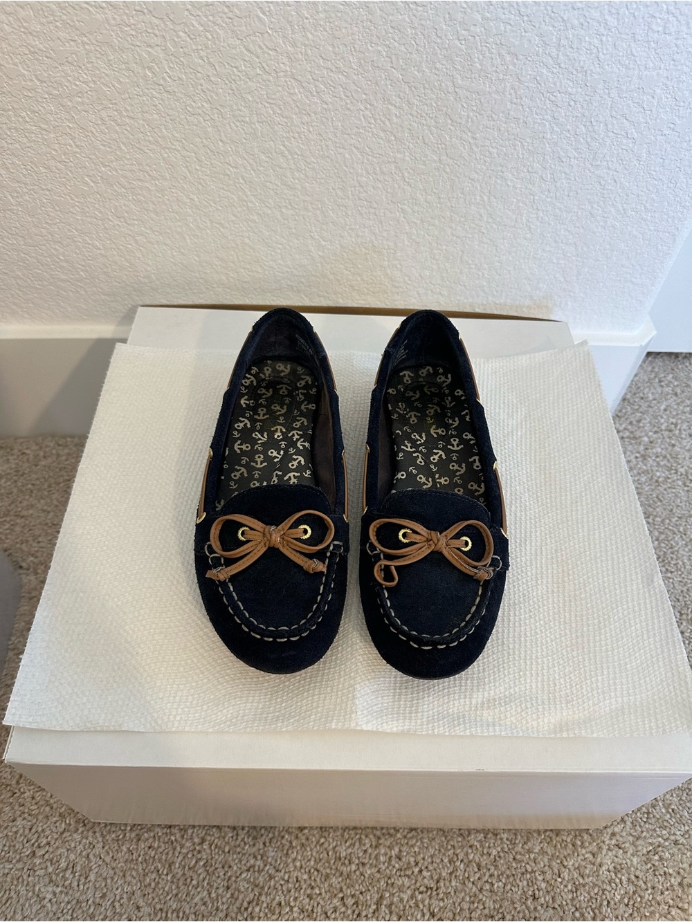 Women’s Navy Suede Moccasin Loafers with Bow